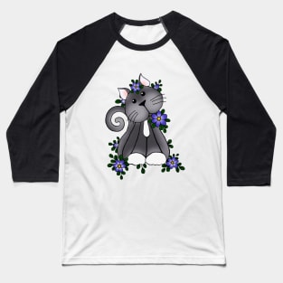 Lovely Kitty Cat Playing in the blue flowers Baseball T-Shirt